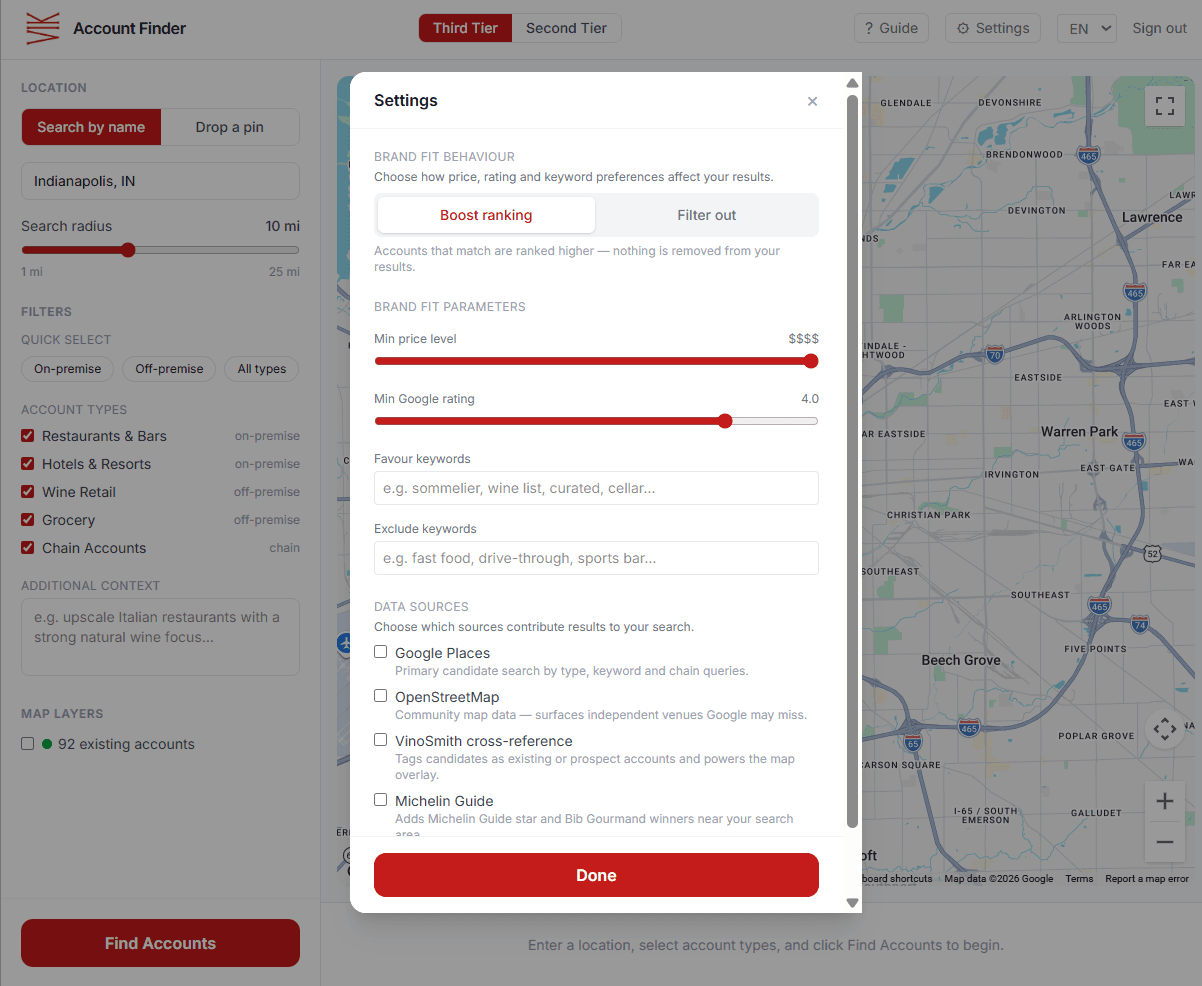 The Account Finder settings panel: brand-fit ranking, price and rating parameters, and selectable data sources.